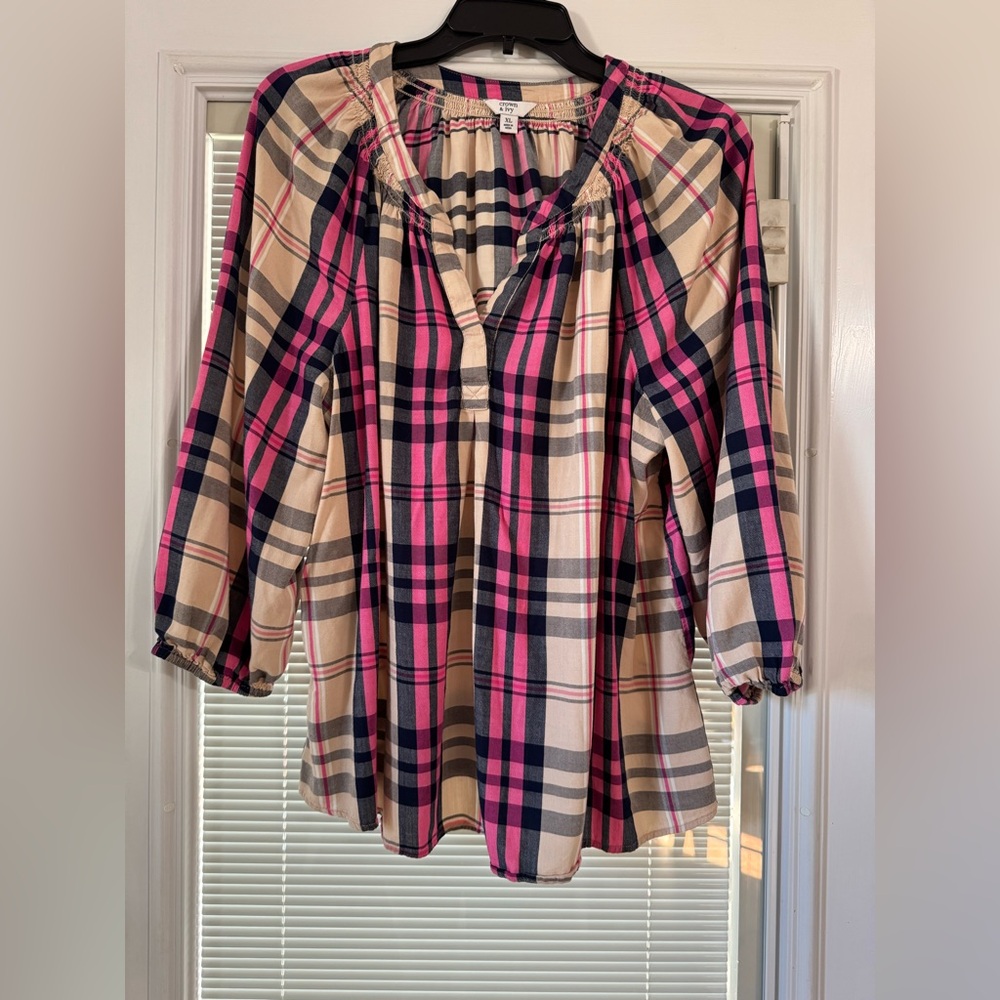 Crown & Ivy Pink and Tan Plaid Blouse
